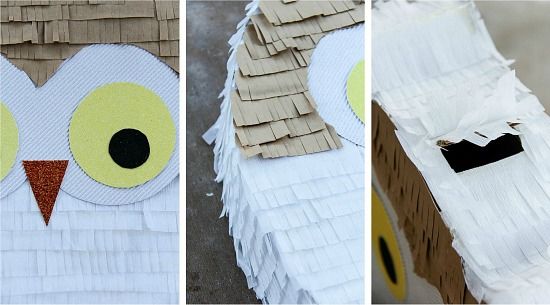 up close images of instructions to make an owl pinata