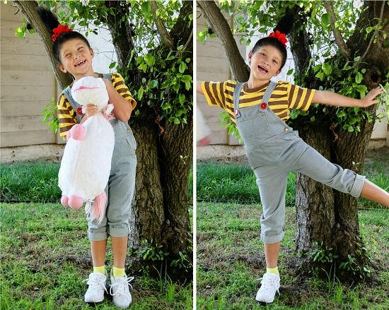 girl wearing a semi handmade Despicable Me Agnes costume for Halloween