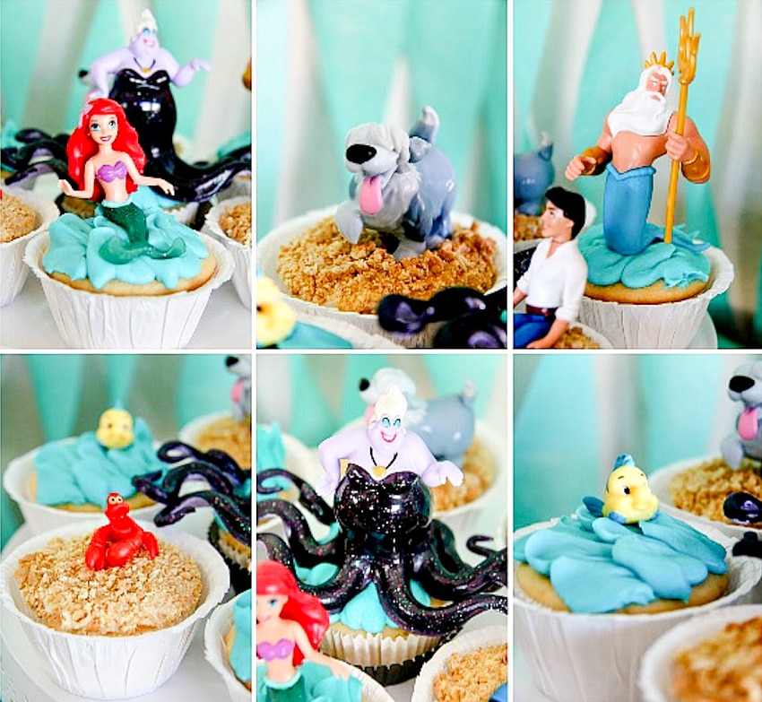 Little Mermaid themed cupcakes decorated with toys.