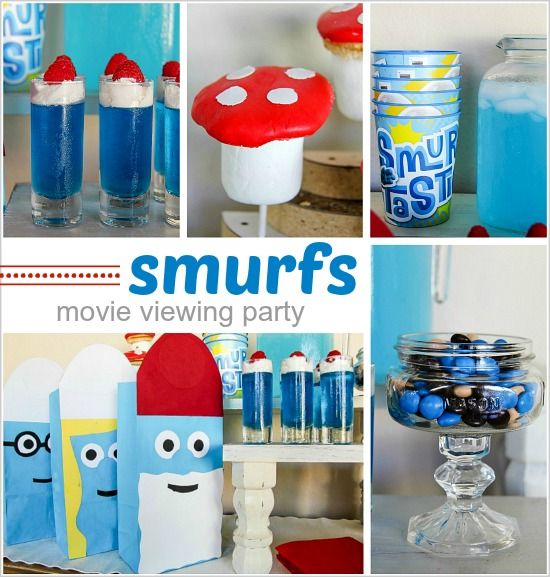 a collage of movie and party food inspired by The Smurfs