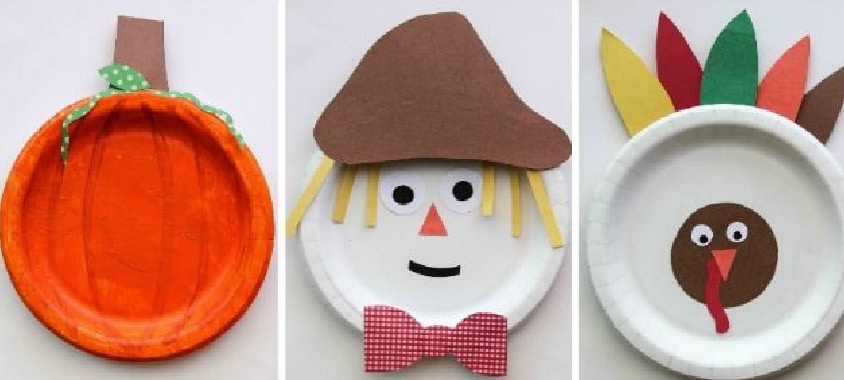 paper plates turned into a pumpkin, scarecrow and turkey