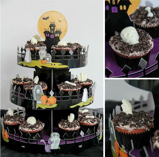 A collage of graveyard cupcakes on a cupcake stand for a Halloween party