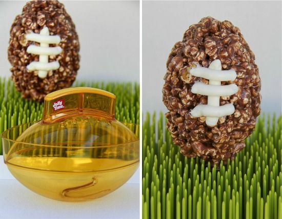 a football shaped popcorn ball and chocolate footballs made with them