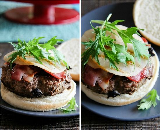 gourmet burgers topped with grilled pear and bacon and stuffed with gorgonzola cheese