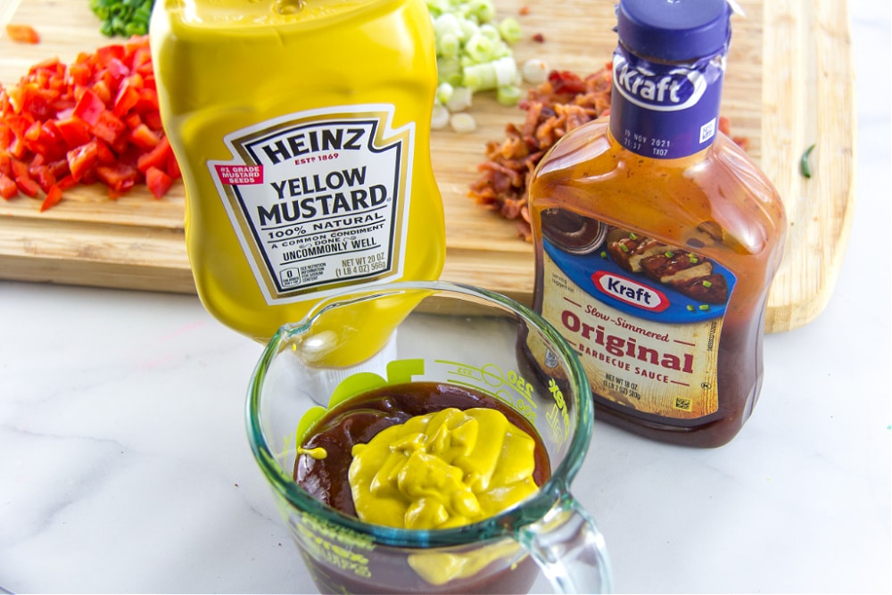 Heinz yellow mustard and KRAFT barbecue sauce to make sloppy joe mixture.