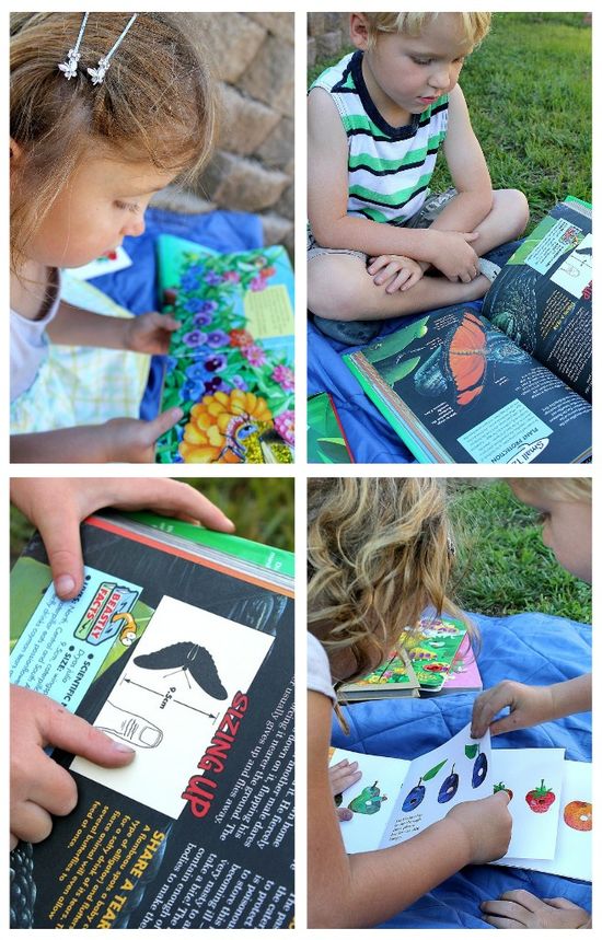 kids reading books about butterflies and caterpillars