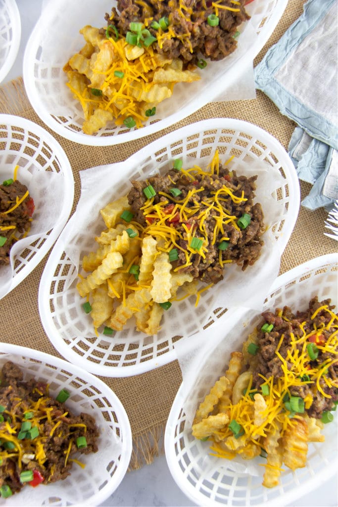 bacon sloppy joe loaded fries recipe in individual serving baskets