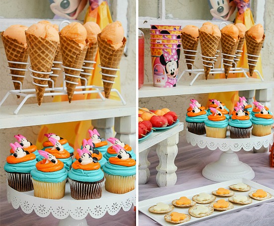 Minnie Mouse party table with cupcakes and fun food