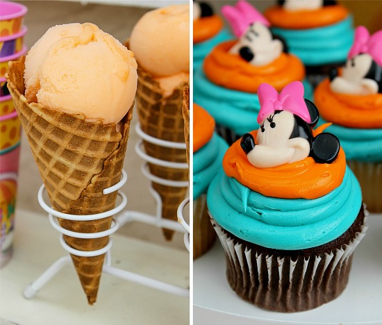 orange sherbet in waffle cones, and Minnie Mouse cupcakes for a party