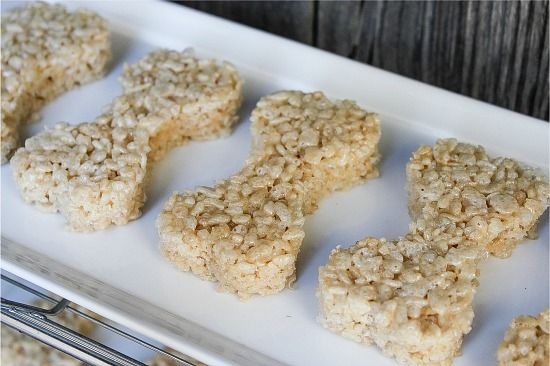 Rice Krispie treats shaped like dog bones for a Disney Super Buddies movie night.