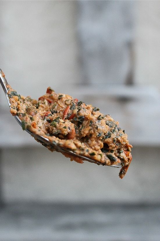 homemade tomato pesto on a spoon