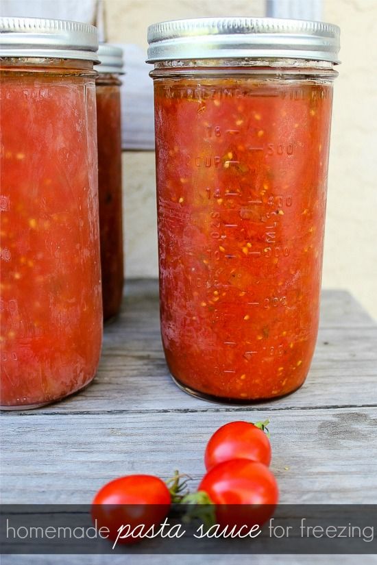 Homemade spaghetti sauce in 24oz jars to go in the freezer.