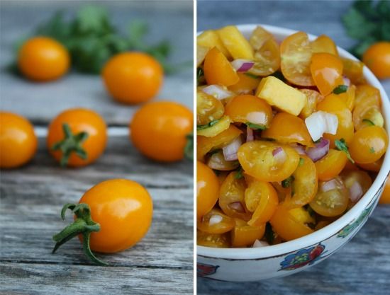 small yellow heirloom tomatoes being used in a mango and yellow tomato salsa