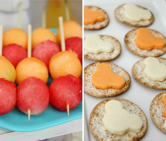 melon balls on skewers and Minnie Mouse cheese and crackers for a party