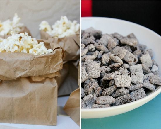 popcorn in brown paper bags and Oreo puppy chow for movie night