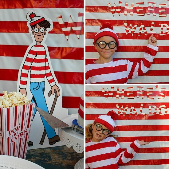 Kids wearing Where's Waldo costumes and having a themed party