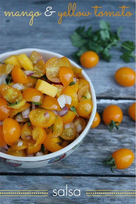 homemade mango and yellow tomato salsa in a bowl
