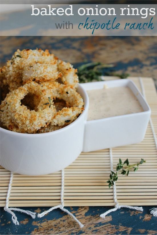 baked onion rings in a soup and cracker bowl with chipotle ranch dressing