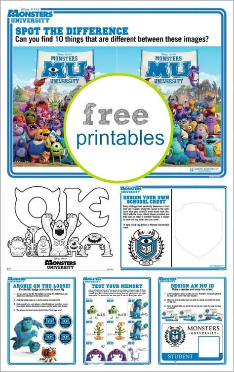 Monsters University collage of free printable coloring and activity pages for kids