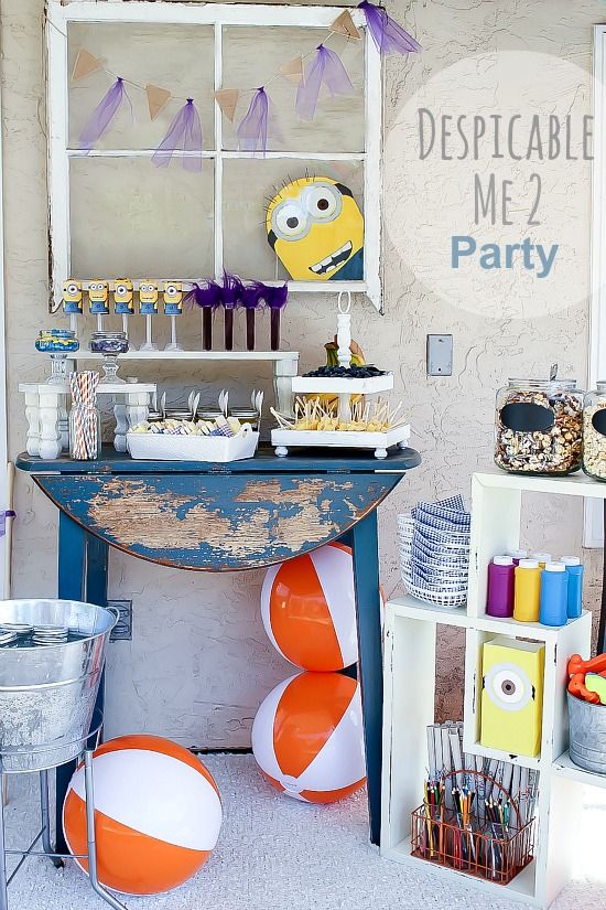 Despicable Me party food table, party favors, and other party ideas.