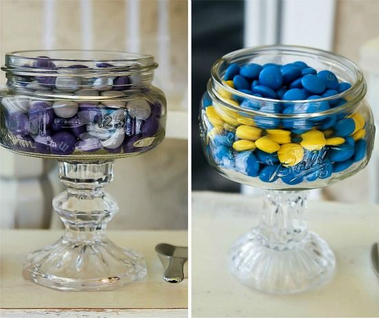 M&M's in glass pedestal jars in the colors of Minions.