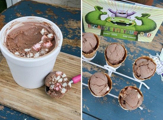 homemade rocky road ice cream in a tub with some scooped into cones