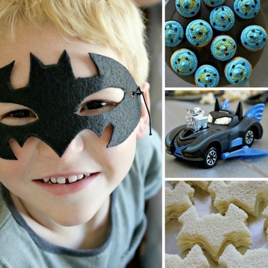 Batman party ideas for kids including a mask, batmobile car build, and fun food.