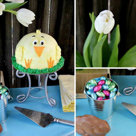 Easter party table food ideas for kids including buckets of candy, a candy bunny, and a chick ice cream cake.