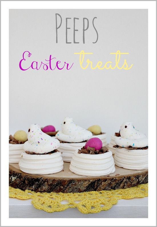 Meringue nests topped with Peeps for Easter.