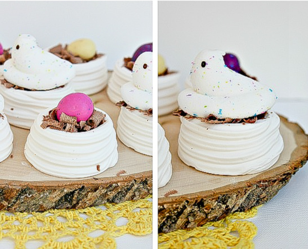 Easter treats with Peeps. Meringue nests topped with chocolate and Peeps Easter marshmallow treats.