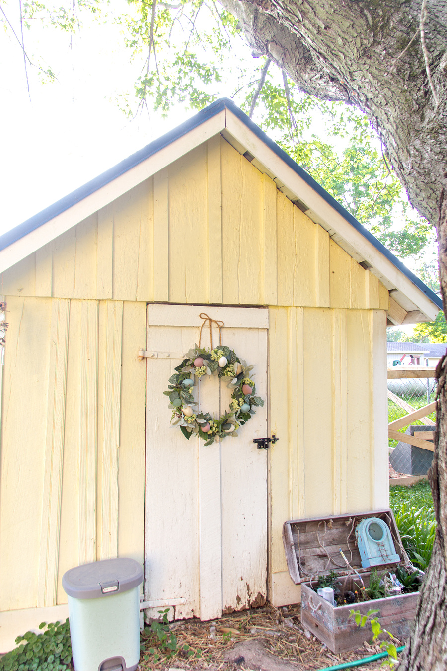 A yellow and white garden shed with a blue roof that has been turned into a chicken coop. There is a handmade egg wreath hanging on the door.