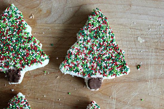 Christmas tree party treats. Bread covered in nonpareils, or sprinkles. 