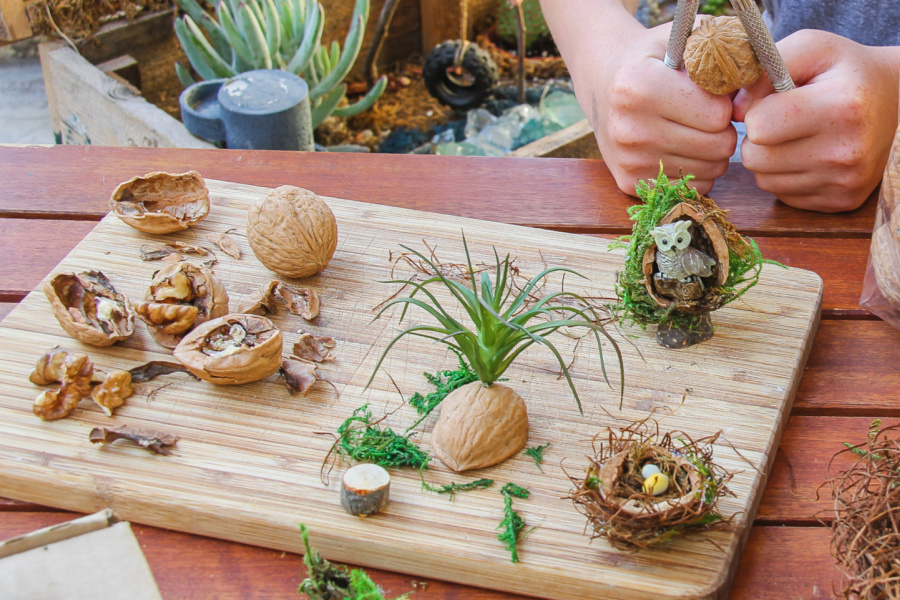 Small fairy garden crafts made out of walnut shells. 