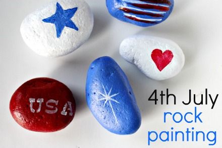 Red, white, and blue patriotic 4th of July rock painting project for kids.