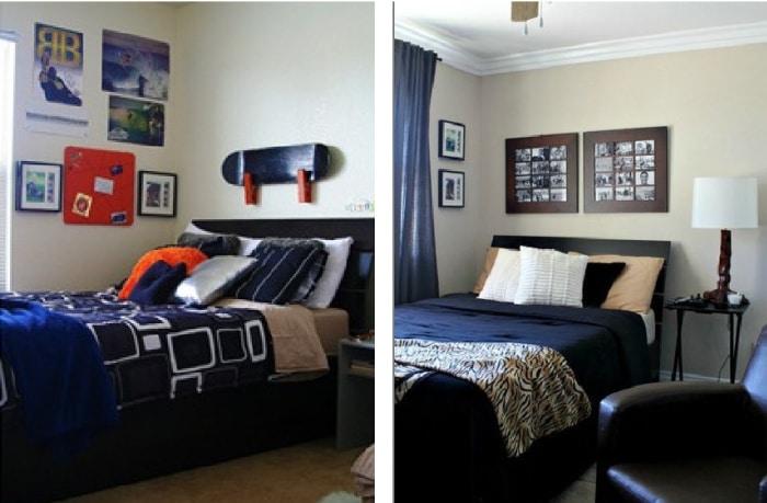 Before and after photos of a teen boy bedroom makeover.