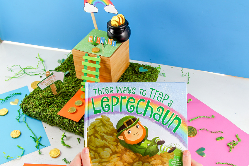 Three Ways to Trap a Leprechaun book and a leprechaun trap for kids to make that was inspired by the book.