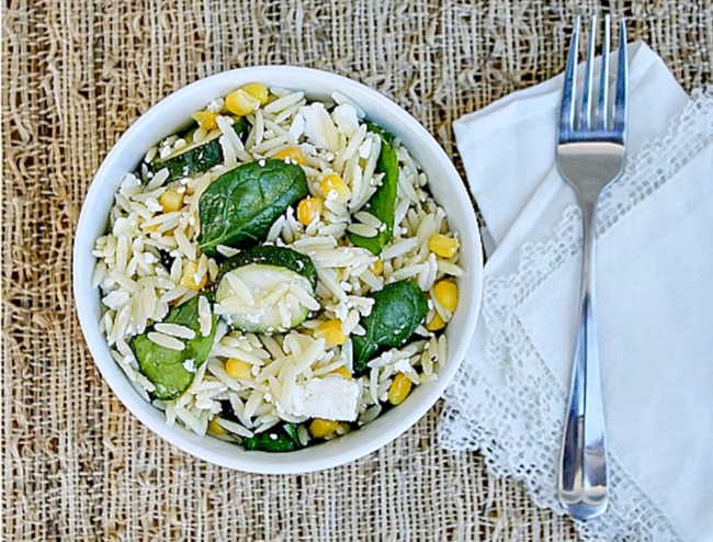 orzo salad with zucchini spinach and corn