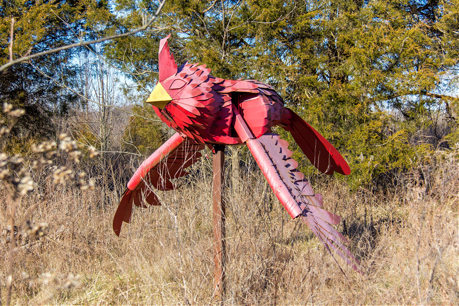 A metal bird at Josephine Sculpture Park