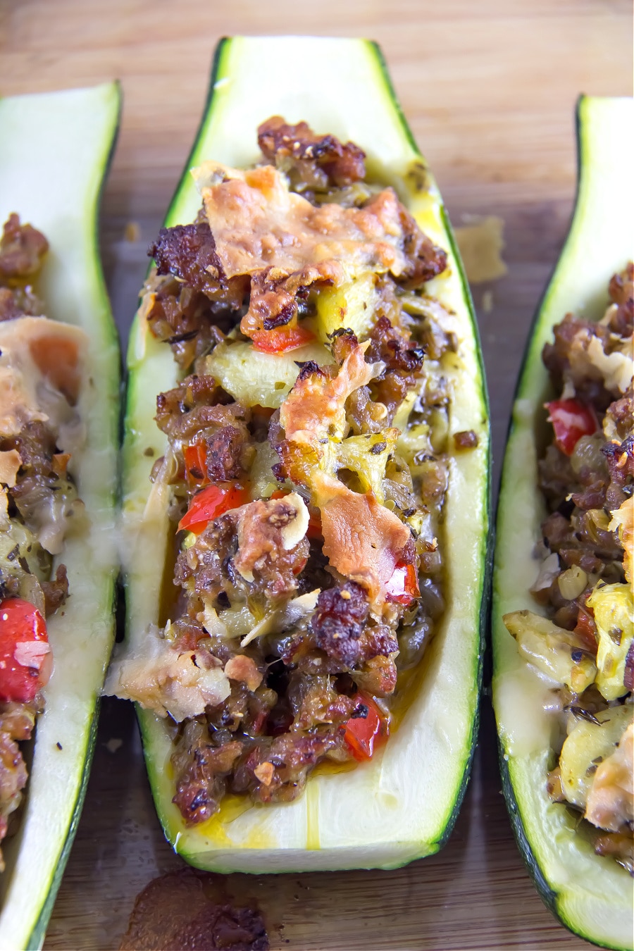 Zucchini boats recipe stuffed with mild Italian sausage.