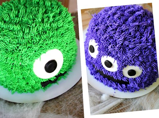 Green and purple monster cakes for a Halloween party.