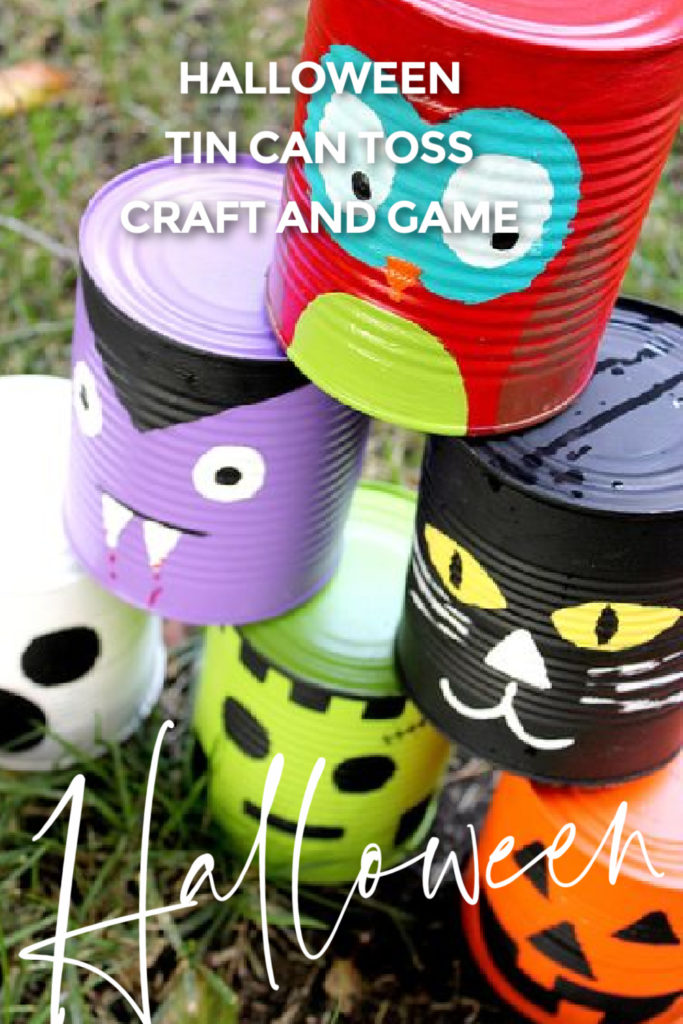 Kids Halloween craft tin can toss game Pinterest image