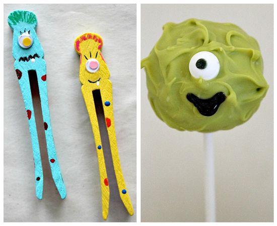 monster peg craft and monster cake pops inspired by the Boogie Monster book.