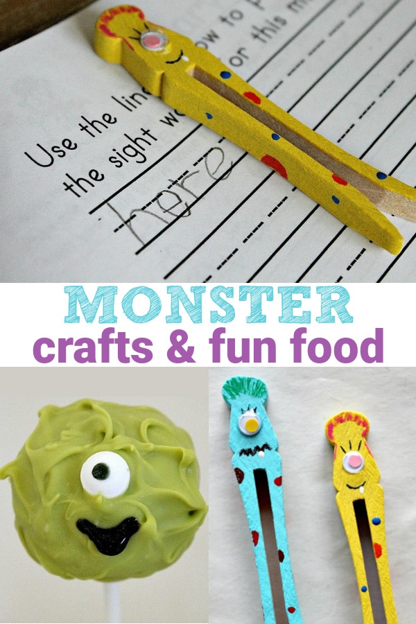 monster crafts and fun food inspired by the boogie monster book Pinterest image