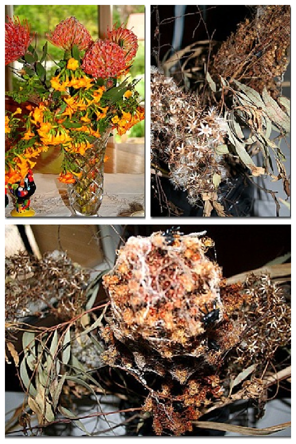 Natural decorations from the garden like branches, twigs, and flowers for Halloween.