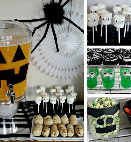 Halloween party table including Jack O'Lantern drink dispenser, Frankenstein popcorn, marshmallow ghosts, and jelly monsters.
