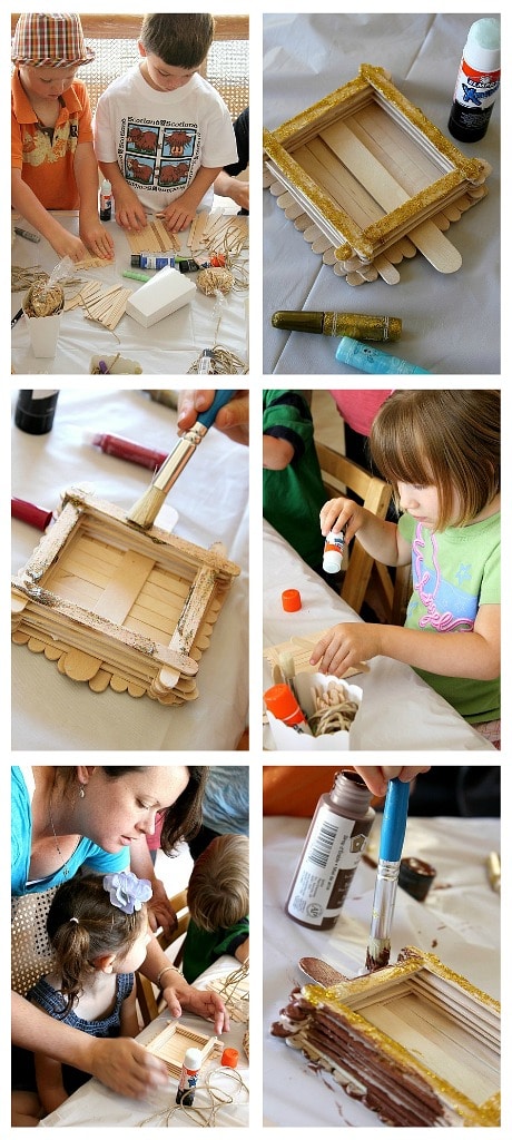 kids making popsicle stick bird feeders at a craft party