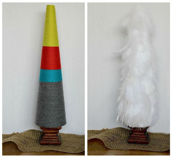 Styrofoam cones wrapped in fur and yarn for Christmas decor.