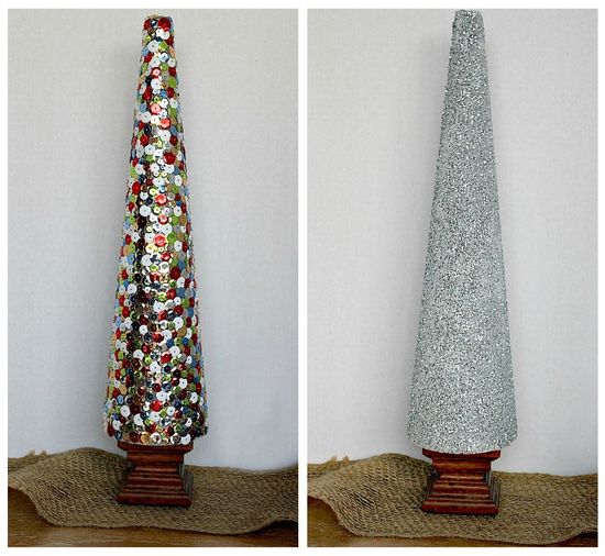 Styrofoam cones decorated with glitter and sequins for Christmas.