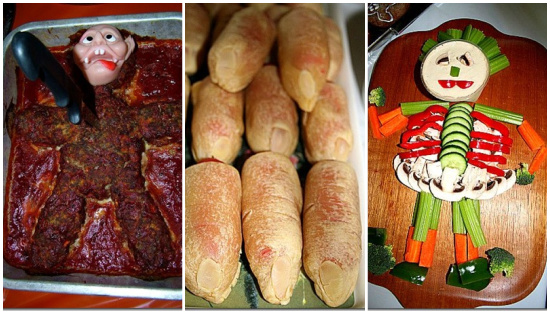 Halloween party food ideas including dead man's meatloaf, hot dog fingers, and skeleton dip tray.