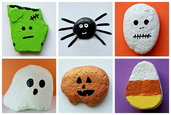 halloween rock painting ideas for kids including Frankenstein, a spider, skeleton, ghost, jack o'lantern and candy corn